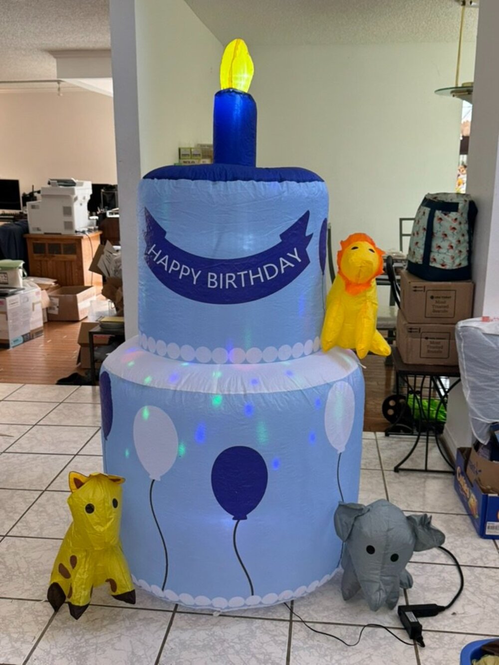 6.8ft GOOSH Blue Inflatable Happy 1st Birthday Cake with Animals
